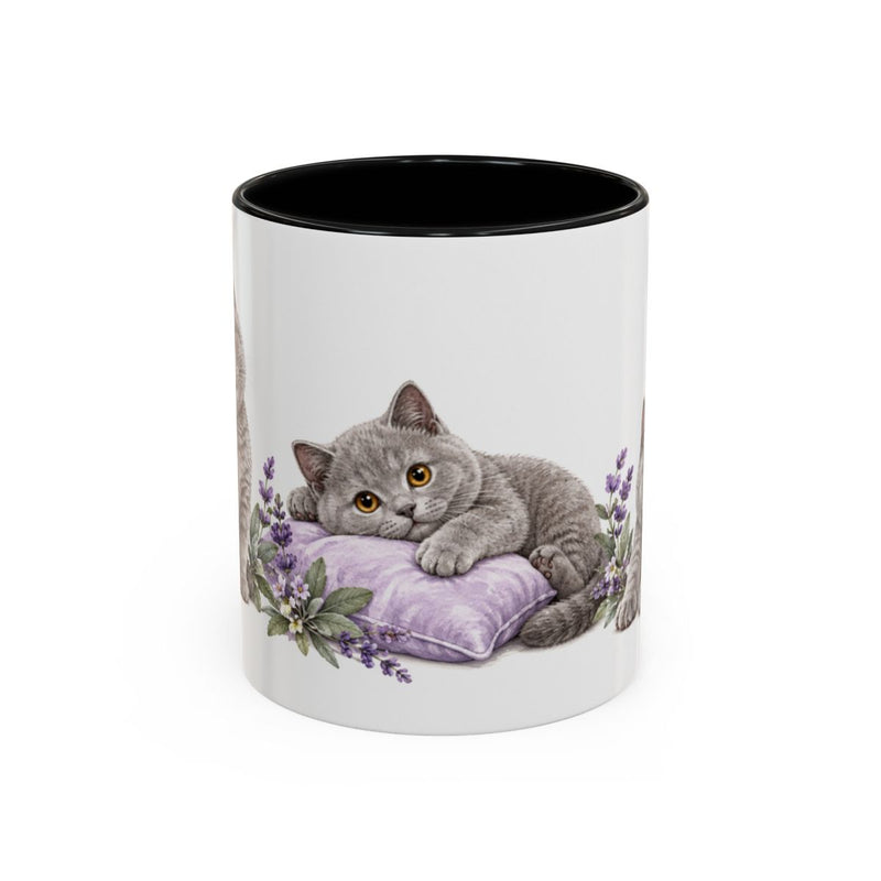British Shorthair Mug, Cute Watercolor Cat Coffee Cup, Floral Pet Lover Gift, 11oz 15oz Ceramic Accent Mug — 11oz / Black — front