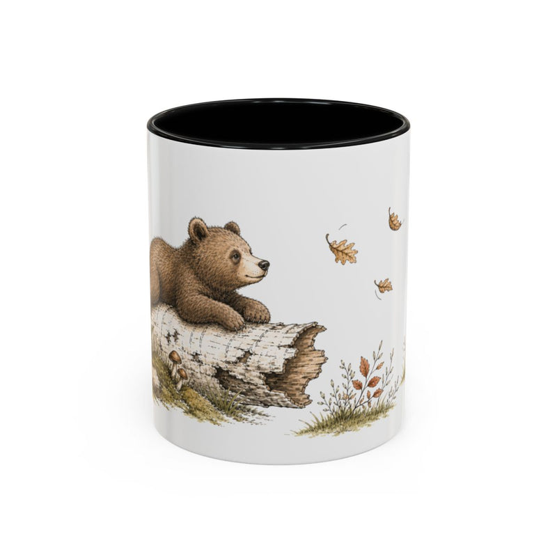 Brown Bear Cub Accent Mug | Watercolor Nature Coffee Cup | 11oz 15oz Woodland Animal Gift — 11oz / Black — front