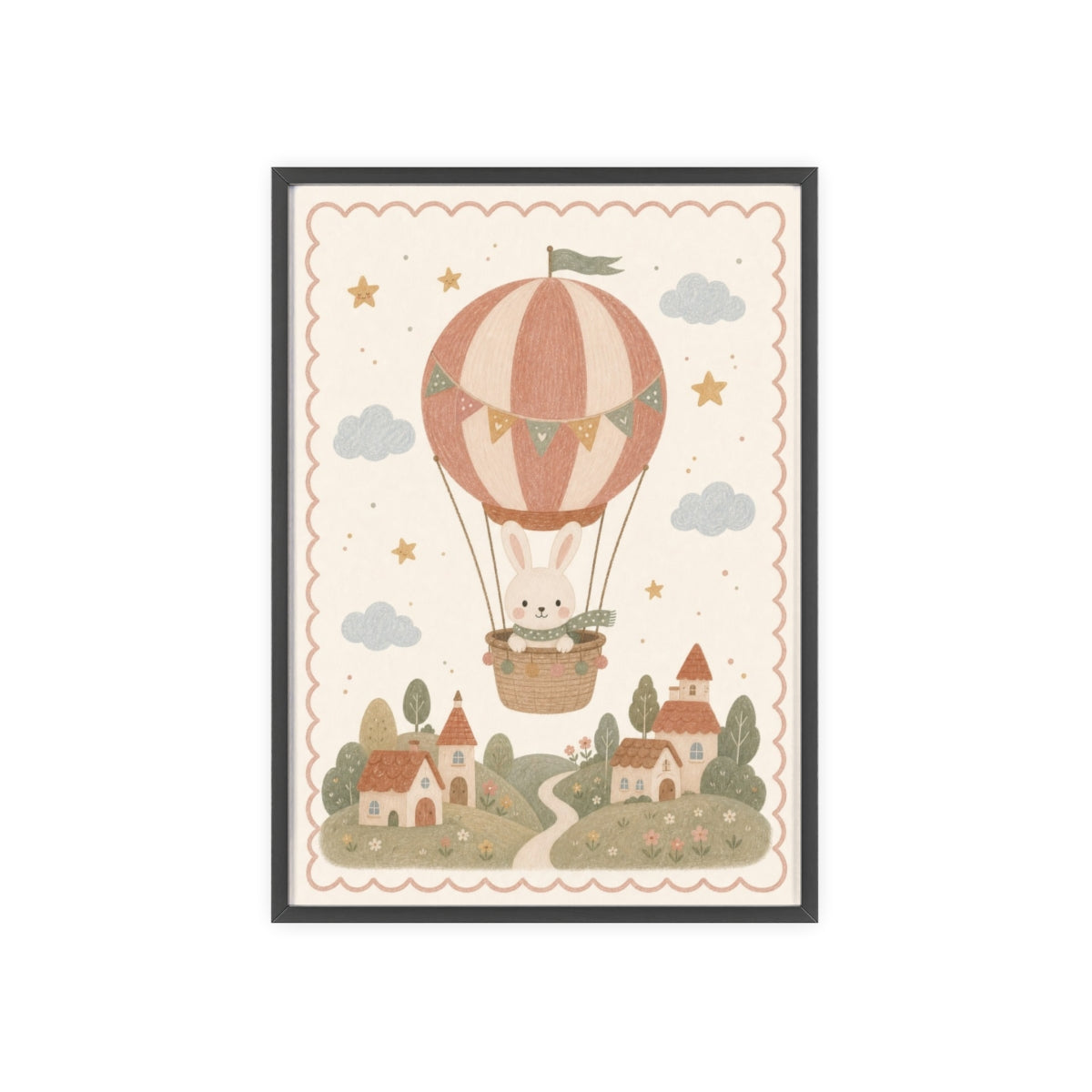 Bunny Balloon Framed Nursery Poster, Storybook Kids Room Wall Art, A4 A3 Size — Front view — Photo 1