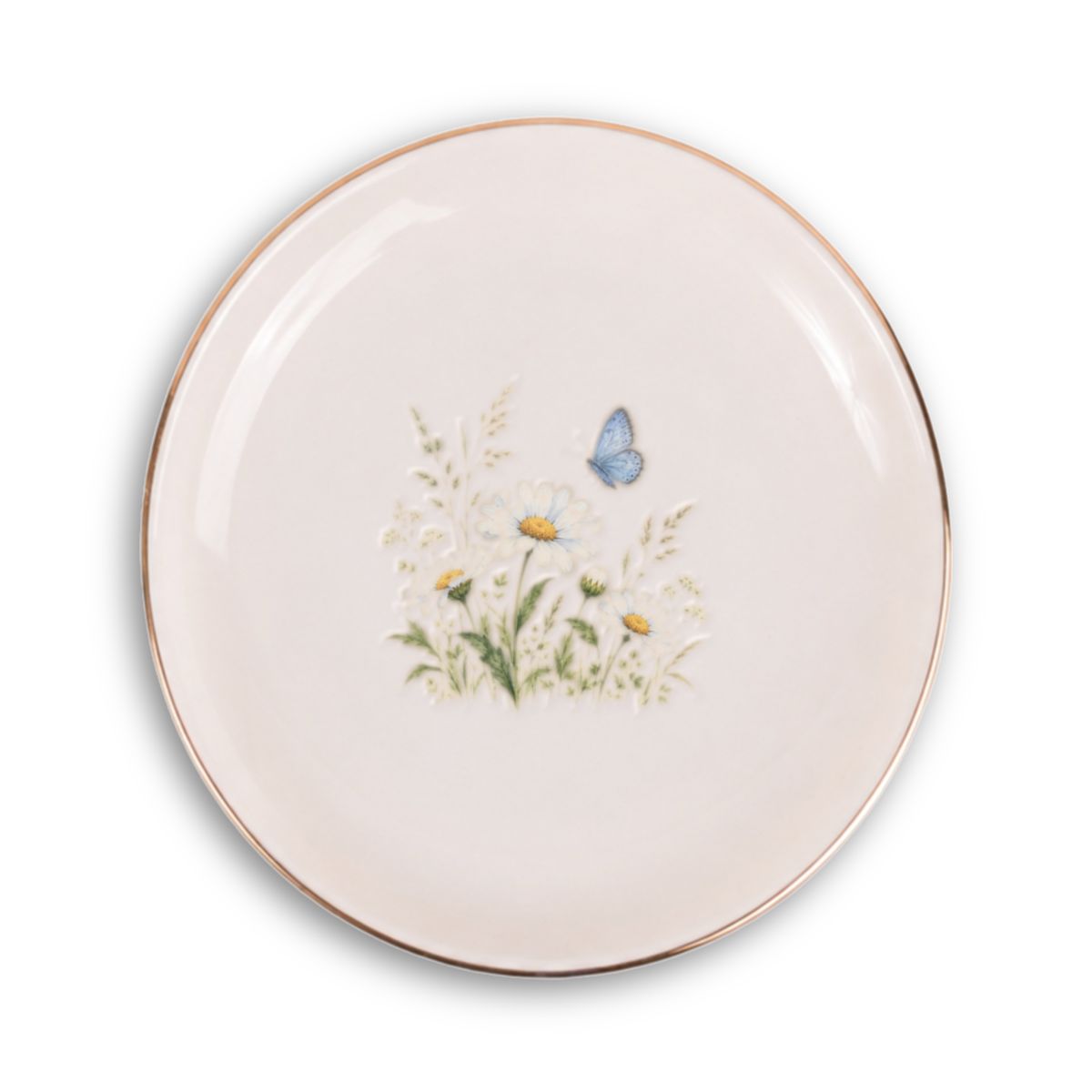 Butterfly Meadow Ceramic Ring Dish, Gold Rim Trinket Tray, Jewelry Holder Gift, Round Wavy Round Heart — Front view — Photo 1