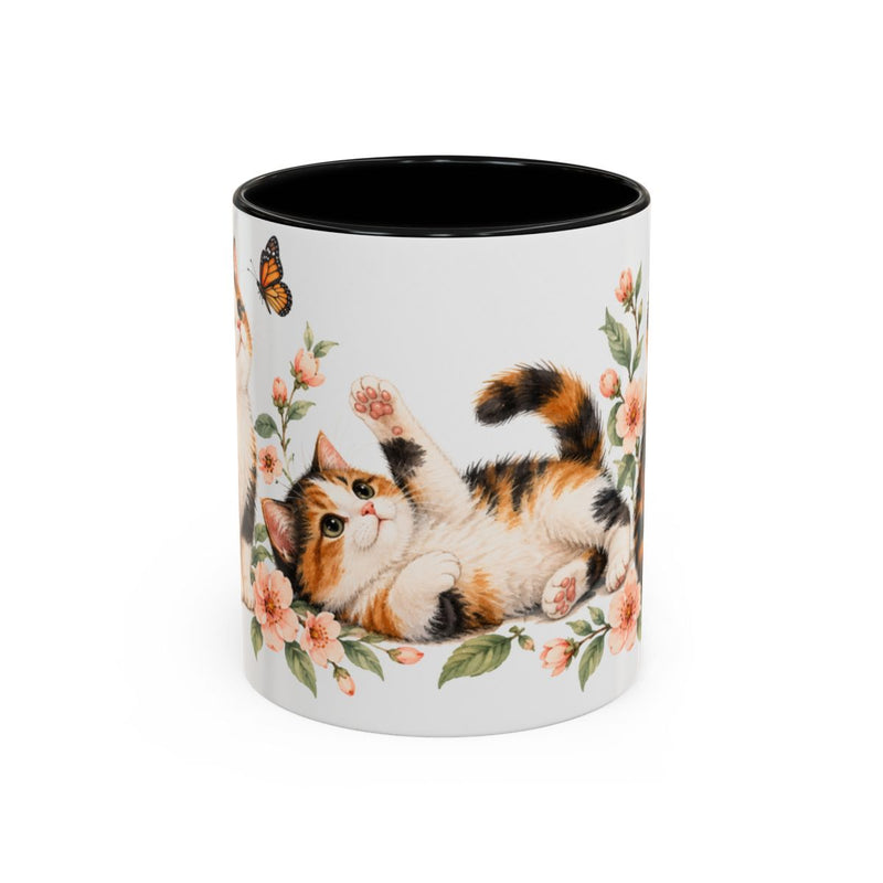 Calico Mug, Cute Watercolor Cat Coffee Cup, Floral Pet Lover Gift, 11oz 15oz Ceramic Accent Mug — 11oz / Black — front