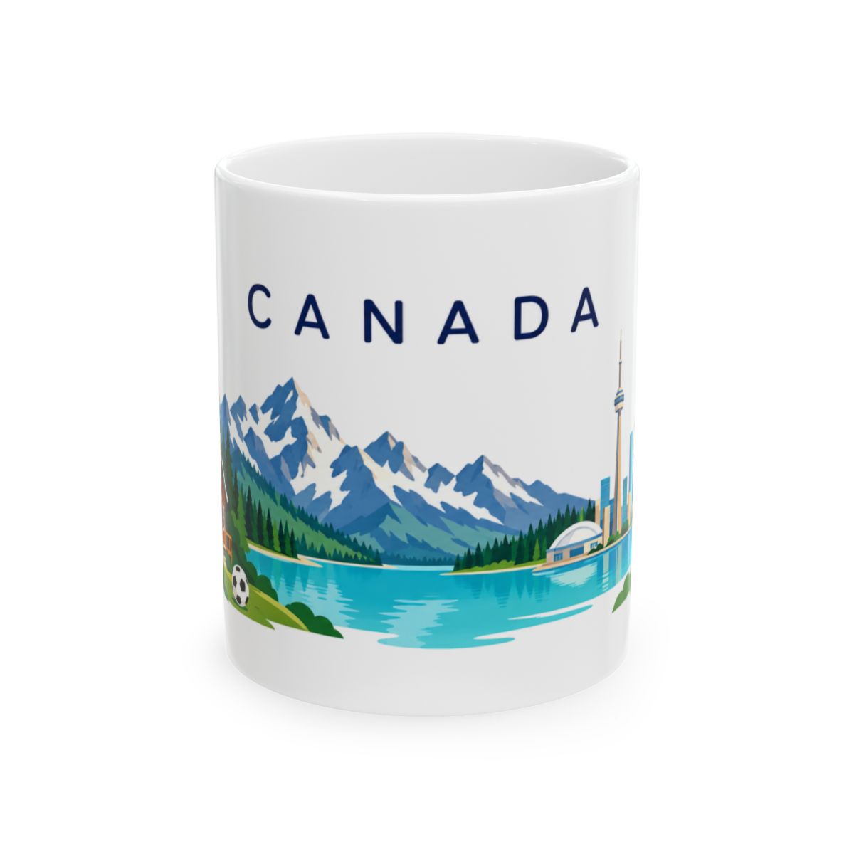 Canada Travel Souvenir Mug — Rockies & Toronto — Soccer Fan Gift — White Ceramic 11oz 15oz — Front view — Photo 1