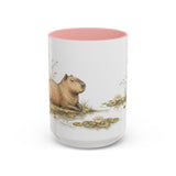Capybara Accent Mug | Watercolor Nature Coffee Cup | 11oz 15oz Waterside Animal Gift — 15oz / Pink — front
