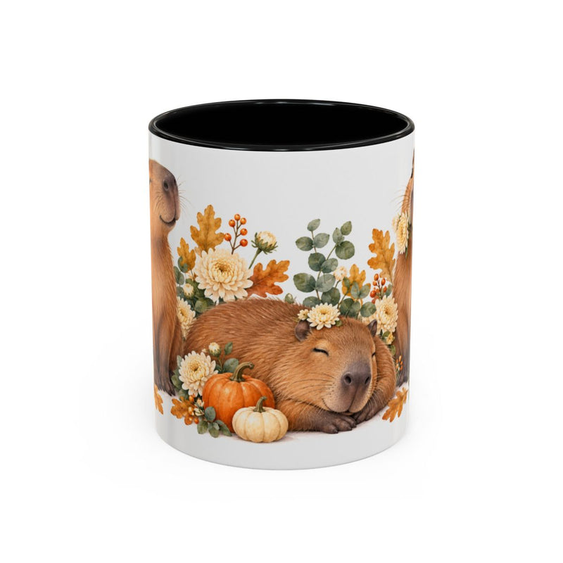 Capybara Mug, Autumn Cozy, Cute Watercolor Animal Coffee Cup, Capybara Lover Gift, 11oz 15oz Ceramic Accent Mug — 11oz / Black — front