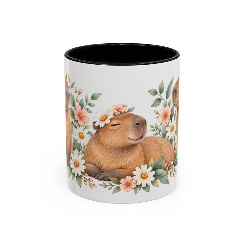 Capybara Mug, Daisy Daydream, Cute Watercolor Animal Coffee Cup, Capybara Lover Gift, 11oz 15oz Ceramic Accent Mug — 11oz / Black — front