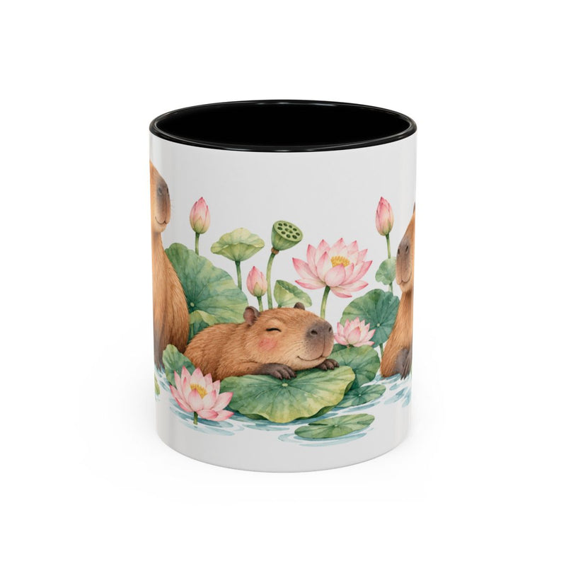 Capybara Mug, Lotus Retreat, Cute Watercolor Animal Coffee Cup, Capybara Lover Gift, 11oz 15oz Ceramic Accent Mug — 11oz / Black — front