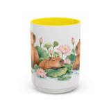 Capybara Mug, Lotus Retreat, Cute Watercolor Animal Coffee Cup, Capybara Lover Gift, 11oz 15oz Ceramic Accent Mug — 15oz / Yellow — front
