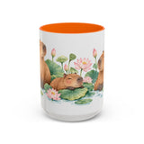 Capybara Mug, Lotus Retreat, Cute Watercolor Animal Coffee Cup, Capybara Lover Gift, 11oz 15oz Ceramic Accent Mug — 15oz / Orange — front