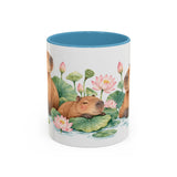 Capybara Mug, Lotus Retreat, Cute Watercolor Animal Coffee Cup, Capybara Lover Gift, 11oz 15oz Ceramic Accent Mug — 11oz / Light Blue — front