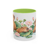 Capybara Mug, Lotus Retreat, Cute Watercolor Animal Coffee Cup, Capybara Lover Gift, 11oz 15oz Ceramic Accent Mug — 11oz / Light Green — front