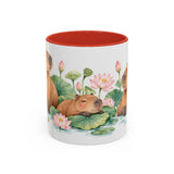 Capybara Mug, Lotus Retreat, Cute Watercolor Animal Coffee Cup, Capybara Lover Gift, 11oz 15oz Ceramic Accent Mug — 11oz / Red — front