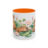 Capybara Mug, Lotus Retreat, Cute Watercolor Animal Coffee Cup, Capybara Lover Gift, 11oz 15oz Ceramic Accent Mug — 11oz / Orange — front