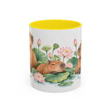 Capybara Mug, Lotus Retreat, Cute Watercolor Animal Coffee Cup, Capybara Lover Gift, 11oz 15oz Ceramic Accent Mug — 11oz / Yellow — front