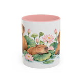 Capybara Mug, Lotus Retreat, Cute Watercolor Animal Coffee Cup, Capybara Lover Gift, 11oz 15oz Ceramic Accent Mug — 11oz / Pink — front