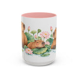 Capybara Mug, Lotus Retreat, Cute Watercolor Animal Coffee Cup, Capybara Lover Gift, 11oz 15oz Ceramic Accent Mug — 15oz / Pink — front
