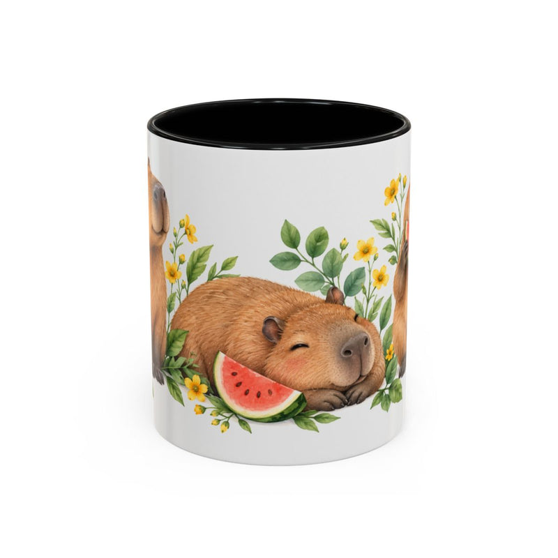 Capybara Mug, Watermelon Picnic, Cute Watercolor Animal Coffee Cup, Capybara Lover Gift, 11oz 15oz Ceramic Accent Mug — 11oz / Black — front