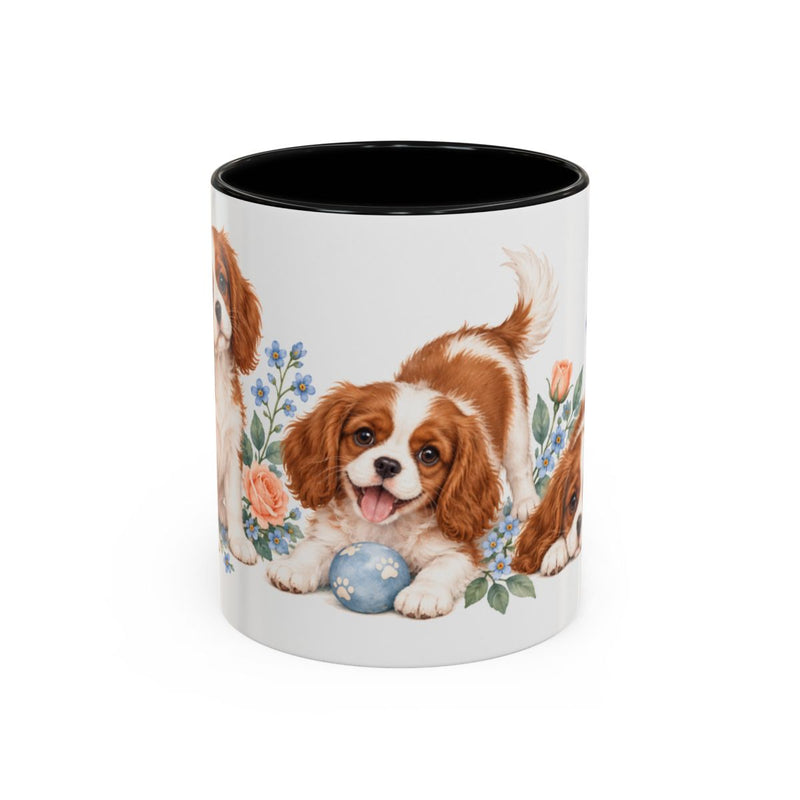 Cavalier King Charles Spaniel Mug, Cute Watercolor Dog Coffee Cup, Floral Pet Lover Gift, 11oz 15oz Ceramic Accent Mug — 11oz / Black — front