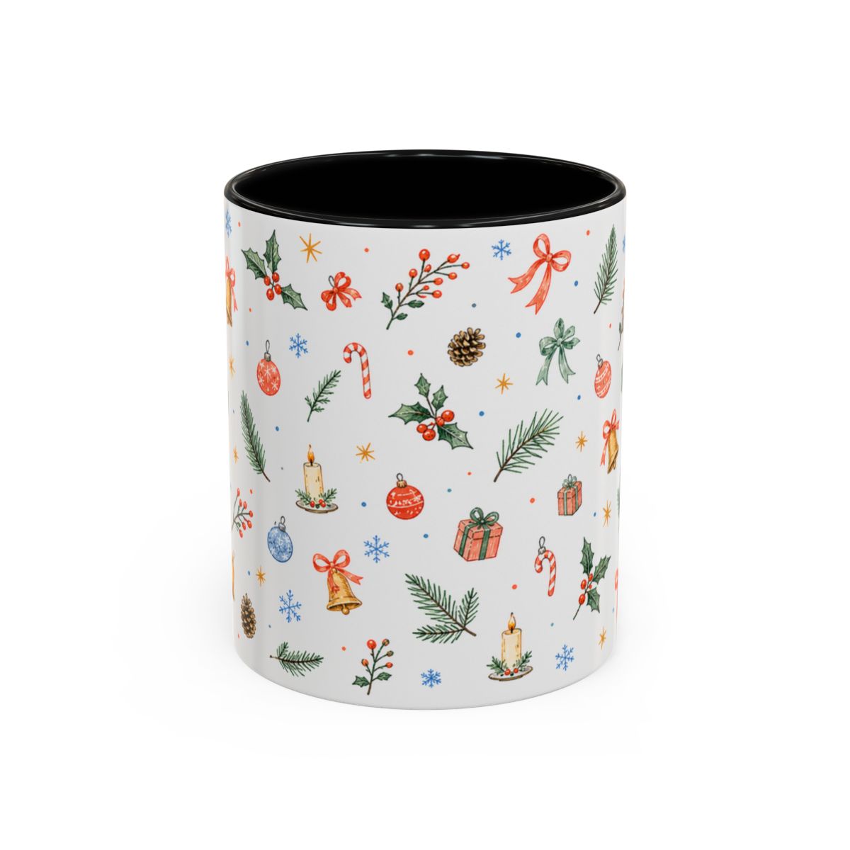 Christmas Bell Mug — Ribbon Gift Watercolor Holiday Cup — Accent Coffee Mug 11oz 15oz — Front view — Photo 1