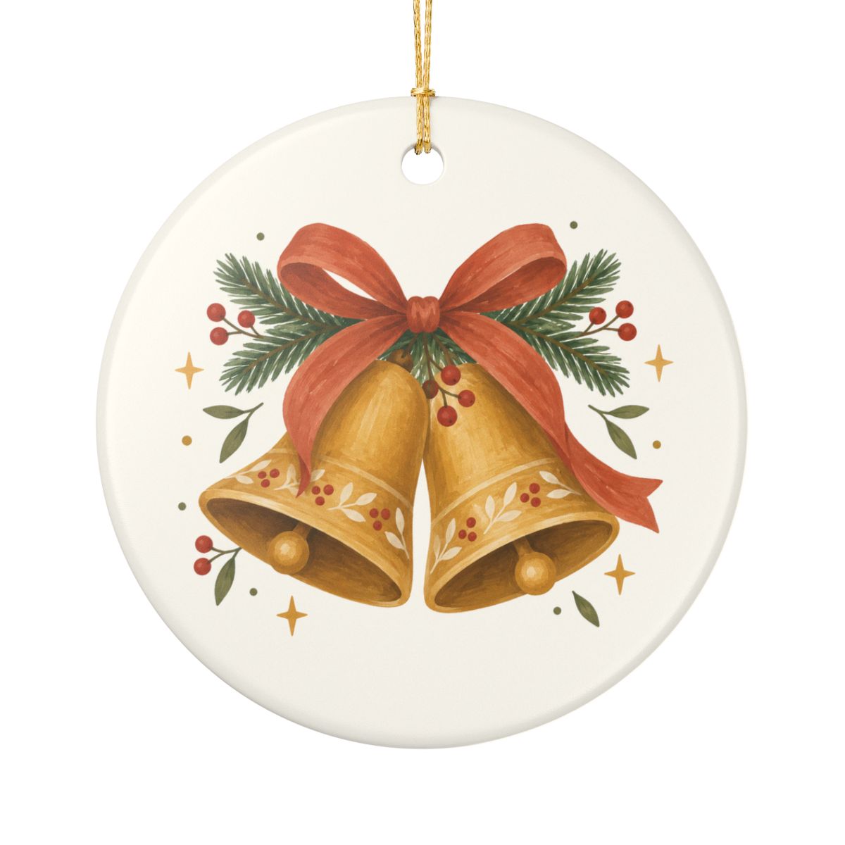 Christmas Bells and Ribbon Ceramic Ornament, Double Sided Round Christmas Decoration, Holiday Keepsake Gift — Front view — Photo 1