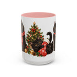 Christmas Black Cat Mug, Stocking Surprise, Cute Animal Lover Gift, Watercolor Ceramic Coffee Cup, 11oz 15oz — 15oz / Pink — front