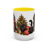 Christmas Black Cat Mug, Stocking Surprise, Cute Animal Lover Gift, Watercolor Ceramic Coffee Cup, 11oz 15oz — 15oz / Yellow — front