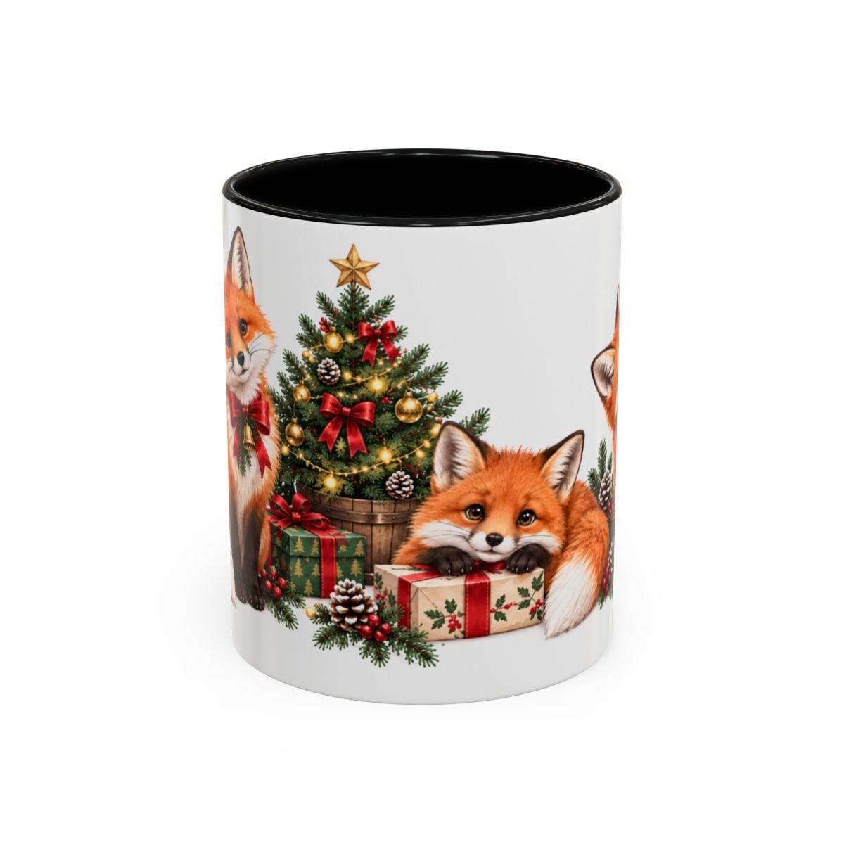 Christmas Fox Mug, Woodland Noel, Cute Animal Lover Gift, Watercolor Ceramic Coffee Cup, 11oz 15oz — 11oz / Black — front