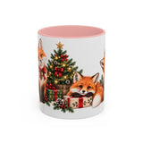 Christmas Fox Mug, Woodland Noel, Cute Animal Lover Gift, Watercolor Ceramic Coffee Cup, 11oz 15oz — 11oz / Pink — front