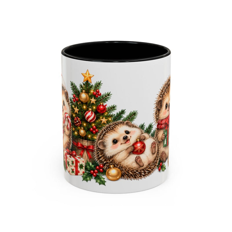 Christmas Hedgehog Mug, Tiny Tree Party, Cute Animal Lover Gift, Watercolor Ceramic Coffee Cup, 11oz 15oz — 11oz / Black — front