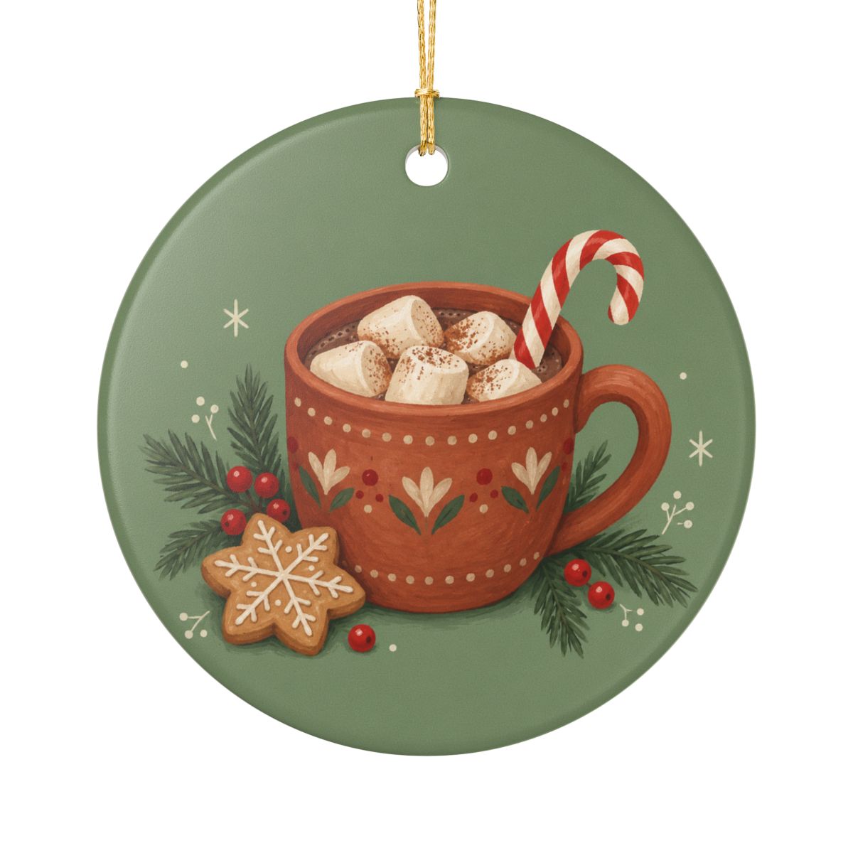 Christmas Hot Cocoa Ceramic Ornament, Double Sided Round Christmas Decoration, Holiday Keepsake Gift — Front view — Photo 1