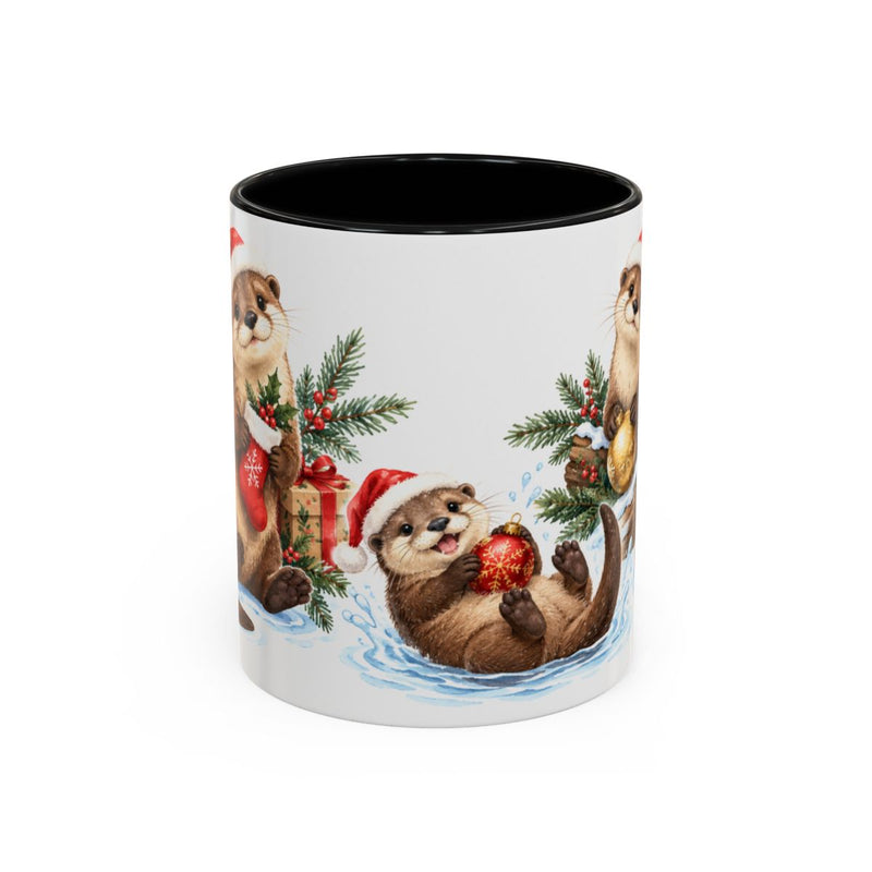 Christmas Otter Mug, Riverside Christmas, Cute Animal Lover Gift, Watercolor Ceramic Coffee Cup, 11oz 15oz — 11oz / Black — front