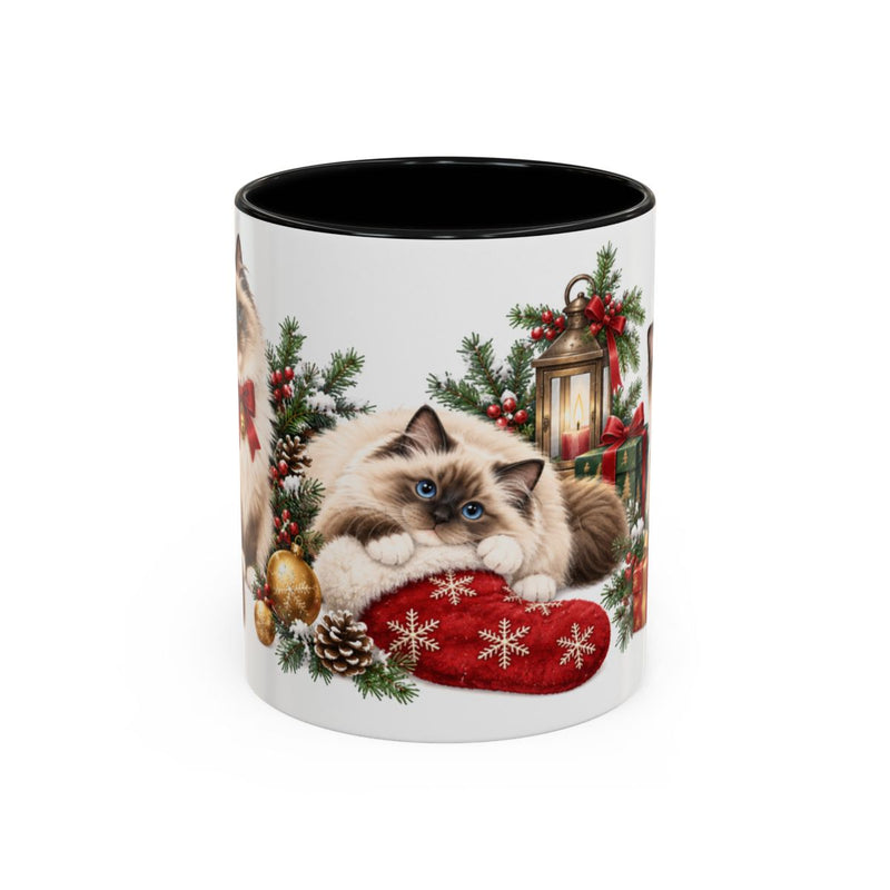 Christmas Ragdoll Cat Mug, Ribbon Christmas, Cute Animal Lover Gift, Watercolor Ceramic Coffee Cup, 11oz 15oz — 11oz / Black — front