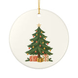 Christmas Tree and Gifts Ceramic Ornament, Double Sided Round Christmas Decoration, Holiday Keepsake Gift — Front view — Photo 1