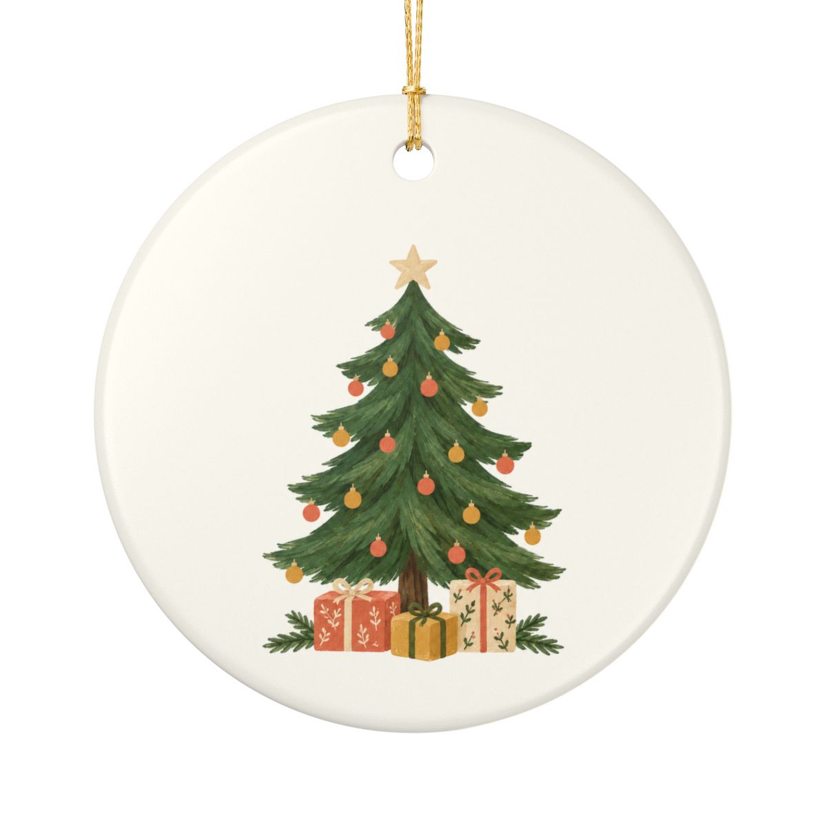 Christmas Tree and Gifts Ceramic Ornament, Double Sided Round Christmas Decoration, Holiday Keepsake Gift — Front view — Photo 1