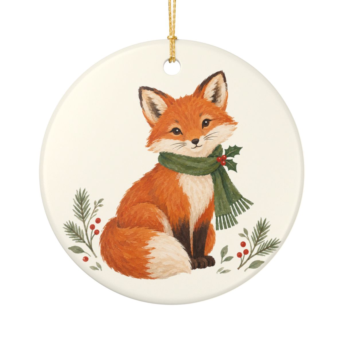 Christmas Woodland Fox Ceramic Ornament, Double Sided Round Christmas Decoration, Holiday Keepsake Gift — Front view — Photo 1