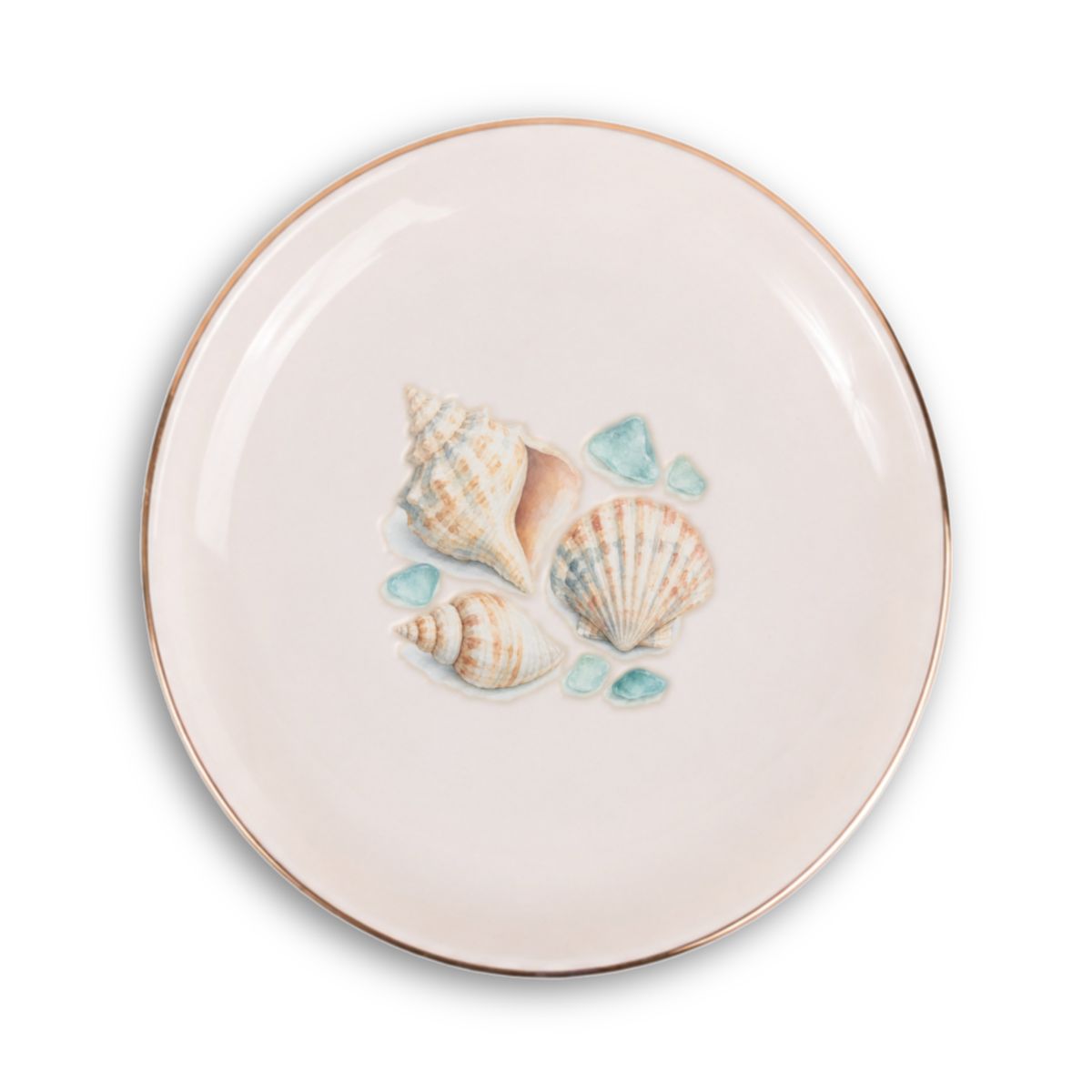 Coastal Shells Ceramic Ring Dish, Gold Rim Trinket Tray, Jewelry Holder Gift, Round Wavy Round Heart — Front view — Photo 1