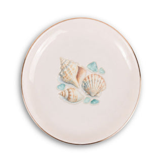 Coastal Shells Ceramic Ring Dish, Gold Rim Trinket Tray, Jewelry Holder Gift, Round Wavy Round Heart — Front view — Photo 1