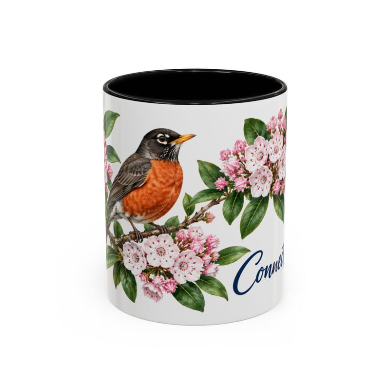 Connecticut State Bird and Flower Mug, Watercolor Botanical Coffee Cup, Nature Lover Gift, 11oz 15oz Accent Mug — 11oz / Black — front