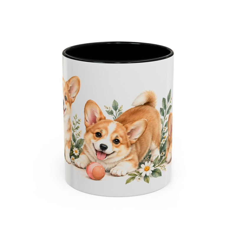 Corgi Mug, Cute Watercolor Dog Coffee Cup, Floral Pet Lover Gift, 11oz 15oz Ceramic Accent Mug — 11oz / Black — front
