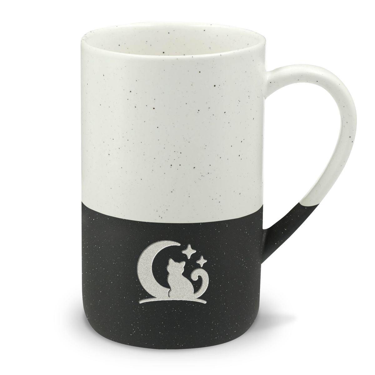 Cozy Cat Moon Engraved Speckled Ceramic Mug, 13oz, Minimalist Coffee Cup, Gift for Nature Lovers — Front view — Photo 1