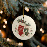 Cozy Christmas Stockings Ceramic Ornament, Double Sided Round Christmas Decoration, Holiday Keepsake Gift — Lifestyle view — Photo 7