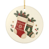Cozy Christmas Stockings Ceramic Ornament, Double Sided Round Christmas Decoration, Holiday Keepsake Gift — Front view — Photo 1