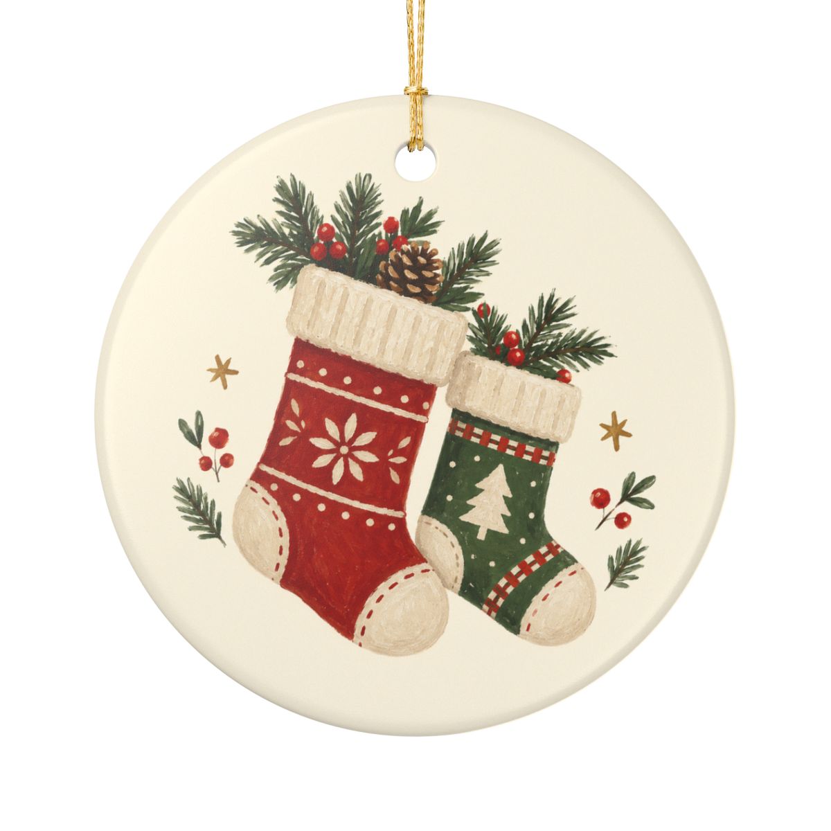 Cozy Christmas Stockings Ceramic Ornament, Double Sided Round Christmas Decoration, Holiday Keepsake Gift — Front view — Photo 1