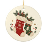 Cozy Christmas Stockings Ceramic Ornament, Double Sided Round Christmas Decoration, Holiday Keepsake Gift — Back view — Photo 2