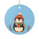 Cozy Winter Penguin Ceramic Ornament, Double Sided Round Christmas Decoration, Holiday Keepsake Gift — Back view — Photo 2