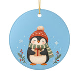 Cozy Winter Penguin Ceramic Ornament, Double Sided Round Christmas Decoration, Holiday Keepsake Gift — Front view — Photo 1