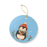 Cozy Winter Penguin Ceramic Ornament, Double Sided Round Christmas Decoration, Holiday Keepsake Gift — Product view — Photo 5