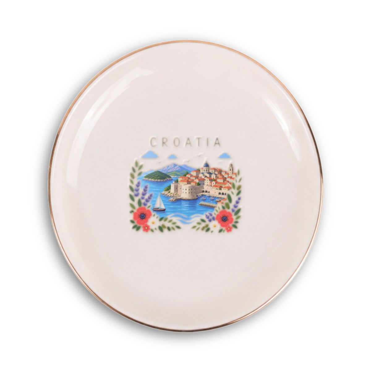 Croatia Ceramic Ring Dish, Gold Rim Trinket Tray, Jewelry Holder Gift, Round Wavy Round Heart — Front view — Photo 1