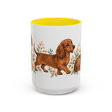 Dachshund Mug, Cute Watercolor Dog Coffee Cup, Floral Pet Lover Gift, 11oz 15oz Ceramic Accent Mug — 15oz / Yellow — front