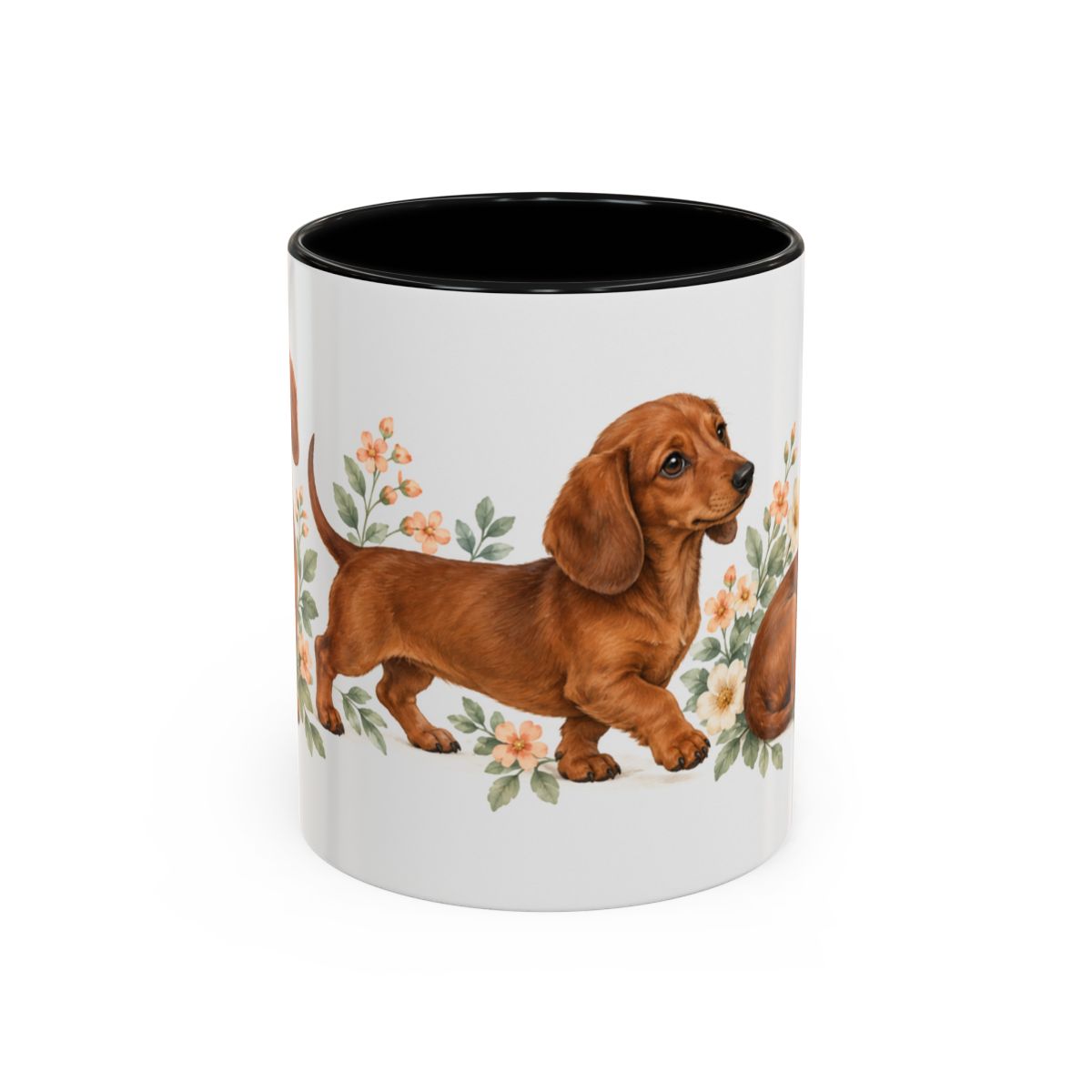 Dachshund Mug, Cute Watercolor Dog Coffee Cup, Floral Pet Lover Gift, 11oz 15oz Ceramic Accent Mug — 11oz / Black — front