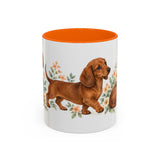 Dachshund Mug, Cute Watercolor Dog Coffee Cup, Floral Pet Lover Gift, 11oz 15oz Ceramic Accent Mug — 11oz / Orange — front